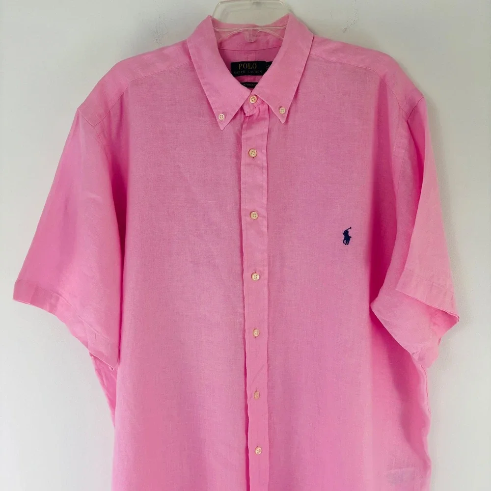 Polo Ralph Lauren Mens 1XB Pink 100% Linen Short Sleeve Untucked Fit Shirt - Picture 3 of 9